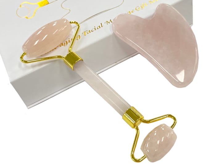 219-66 Pink Jade Face Massage Roller Gua Sha Set